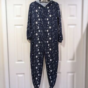 NWOT Adult Blue & White Star Hooded Pajamas Onesie, Footless, Size L